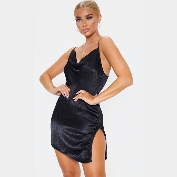 *NWT* PrettyLittleThing Black Satin Mini Dress - Picture 2 of 4
